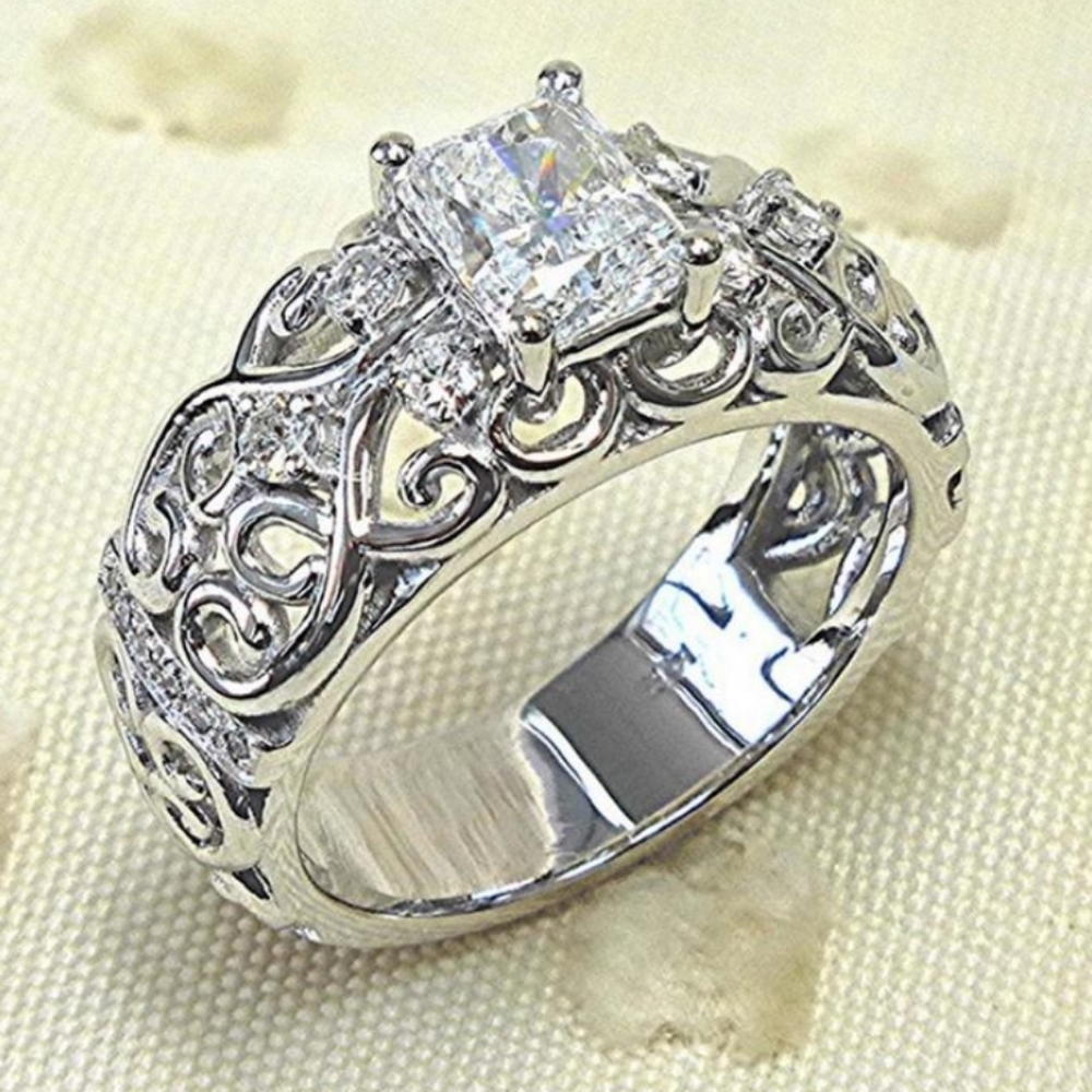 Square Cut Cubic Zirconia Silver Statement  Ring